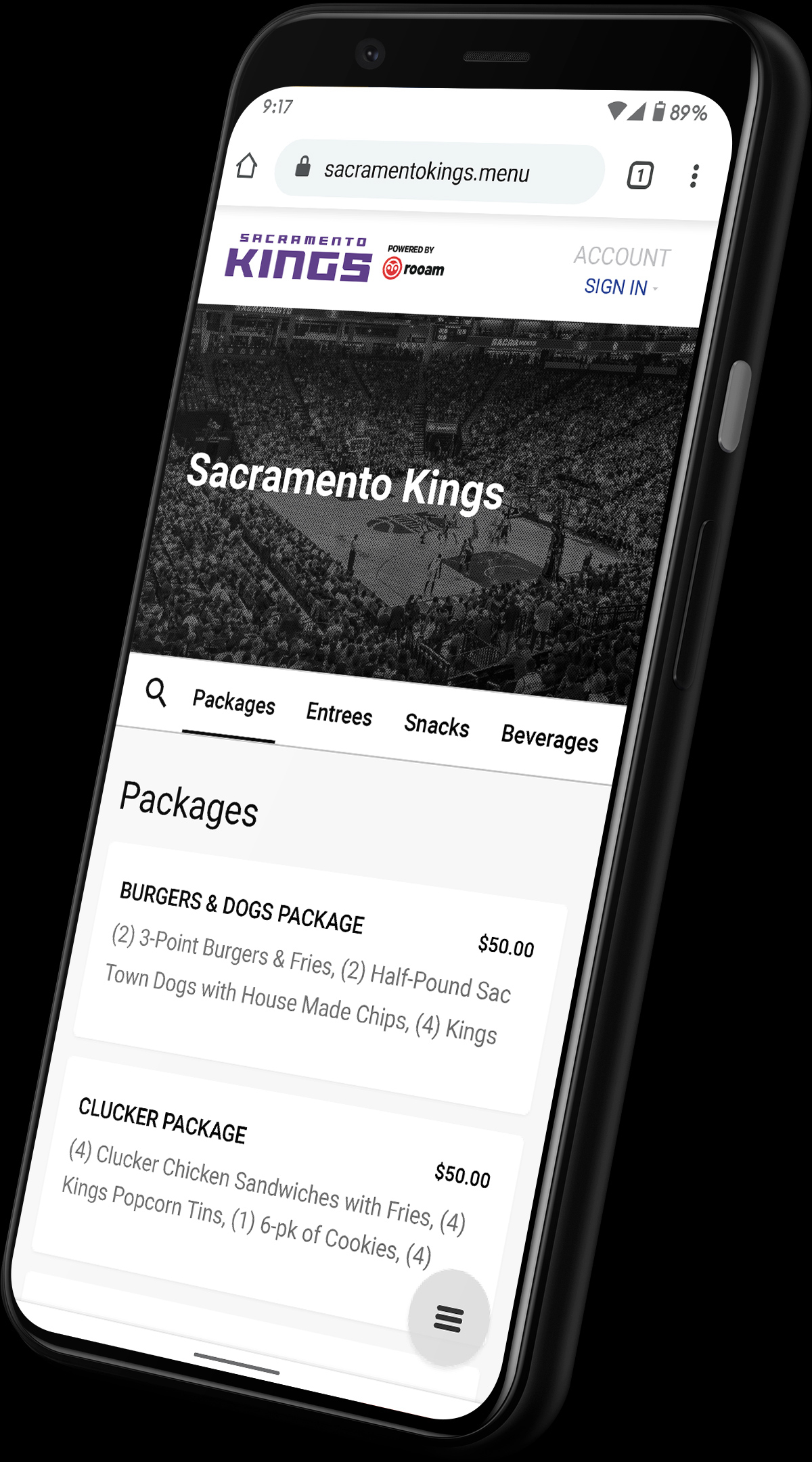 A Sacramento Kings menu screen inside an Google Pixel 4